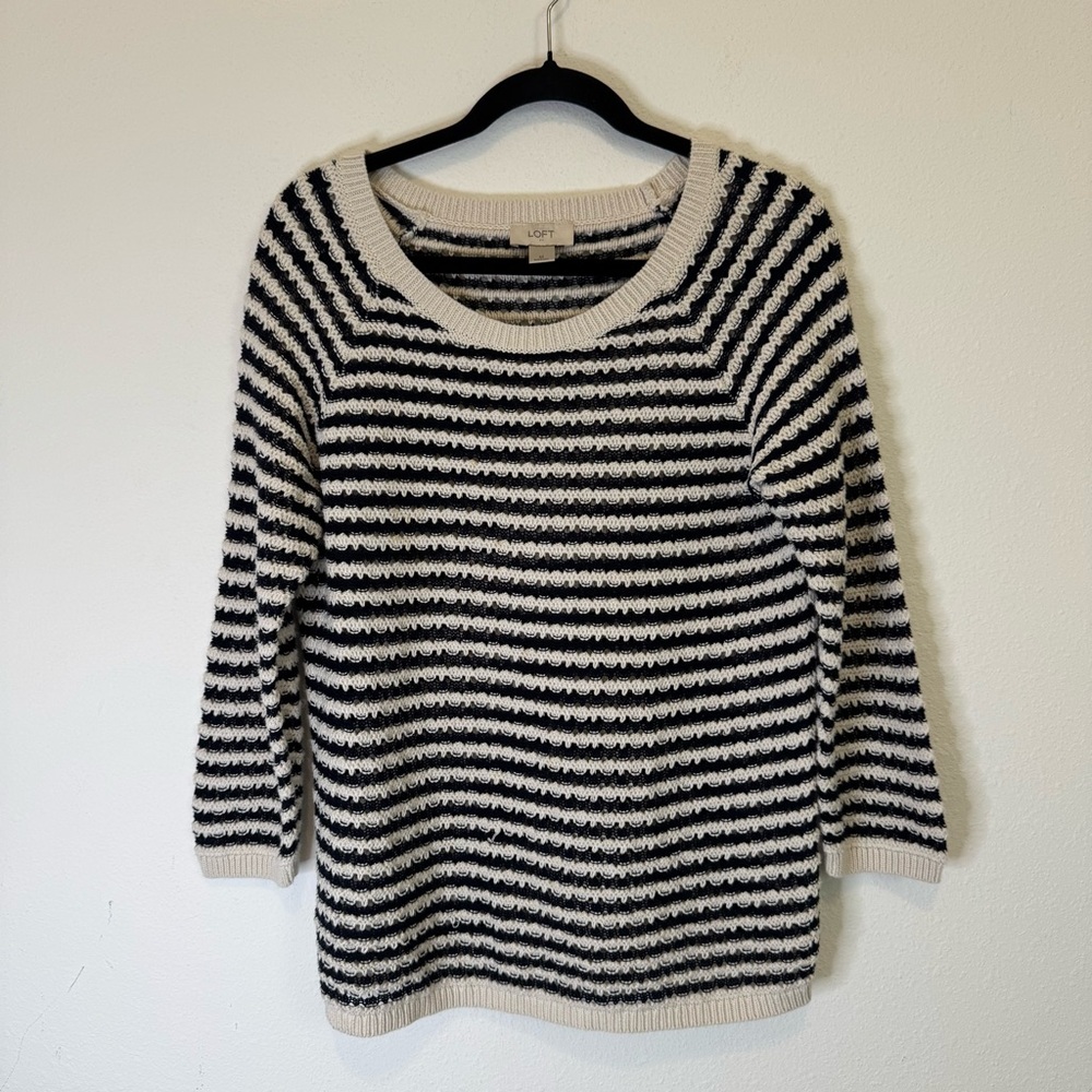 Loft Sweater Open Knit Lightweight Pullover Beige Navy Stripe Women’s Medium